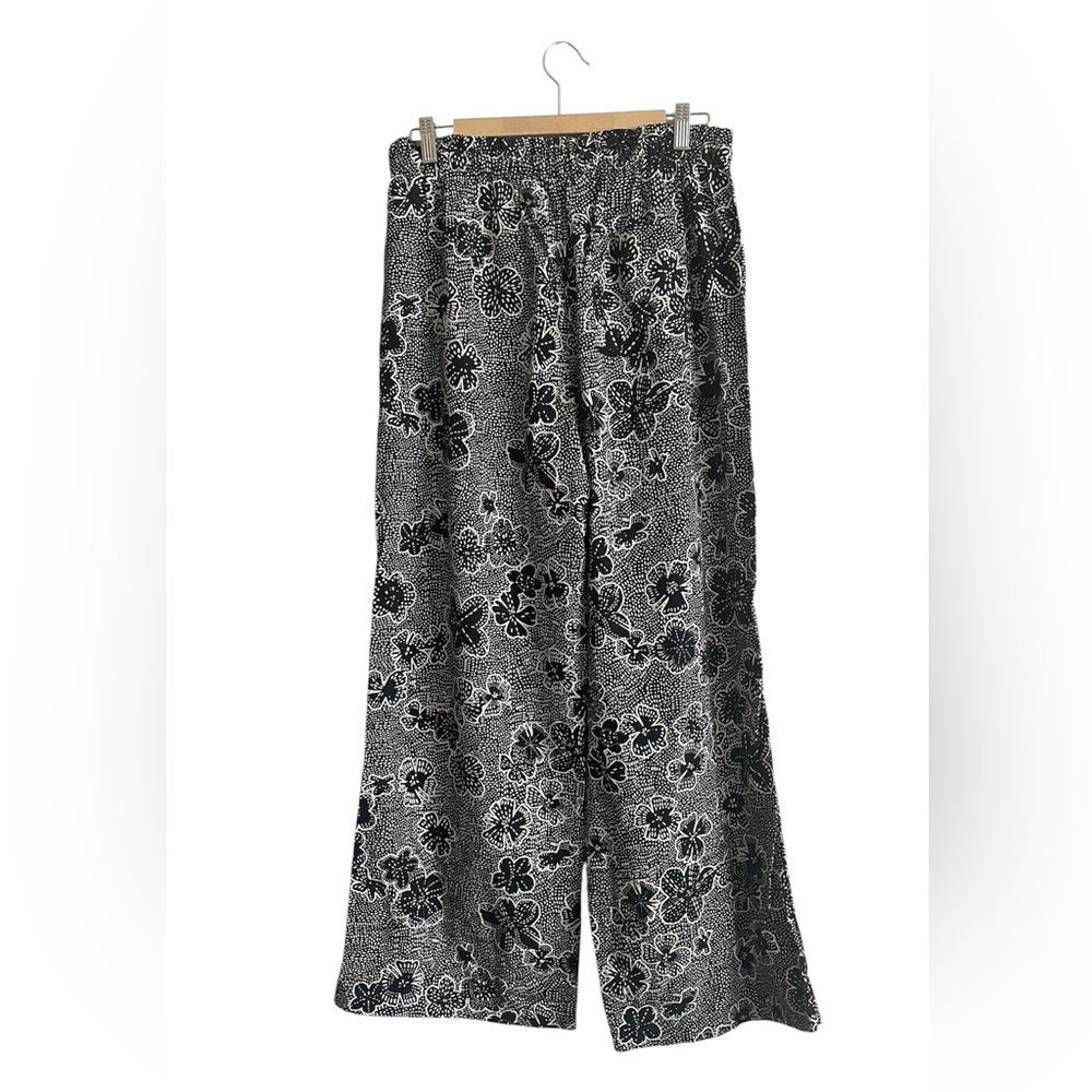 Linen Blend Wide Leg Pants Floral Black Cream Pull On Pockets Women M